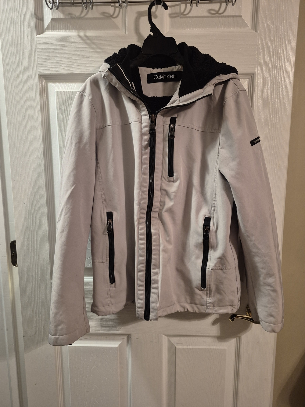 Calvin Klein White Hooded Raincoat with Black Trim